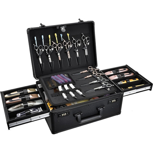 Yueieoun professional barber case front view showing black aluminum hard-shell exterior and dual combination locks for tool protection.