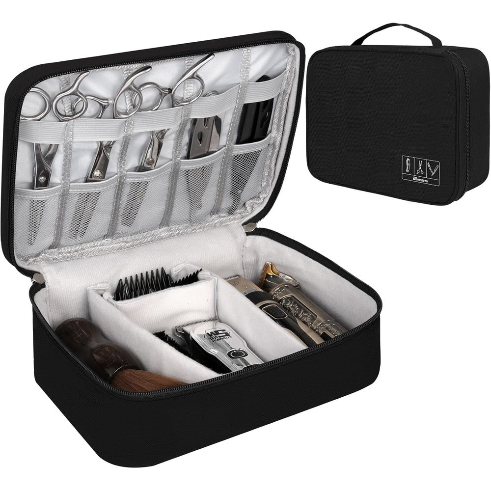 AIHOPESTO barber tools bag front view showing the sleek black shockproof exterior shell.