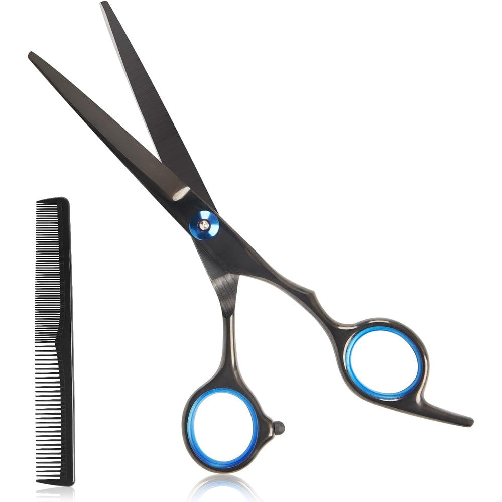 Homekoey professional hair cutting scissors front view with matte black finish and blue finger rings