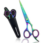 Beauticone professional hair cutting scissors front view showcasing the vibrant rainbow titanium finish