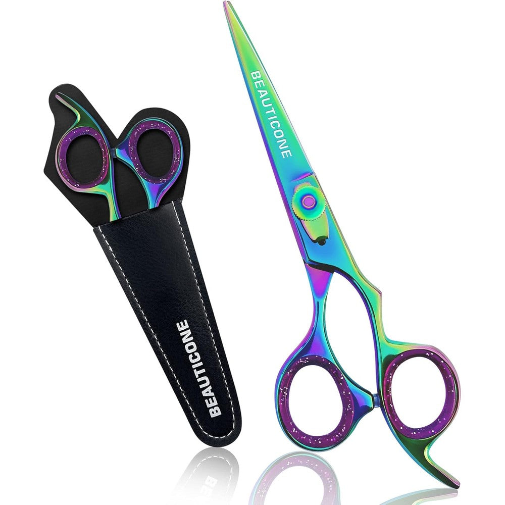 Beauticone professional hair cutting scissors front view showcasing the vibrant rainbow titanium finish