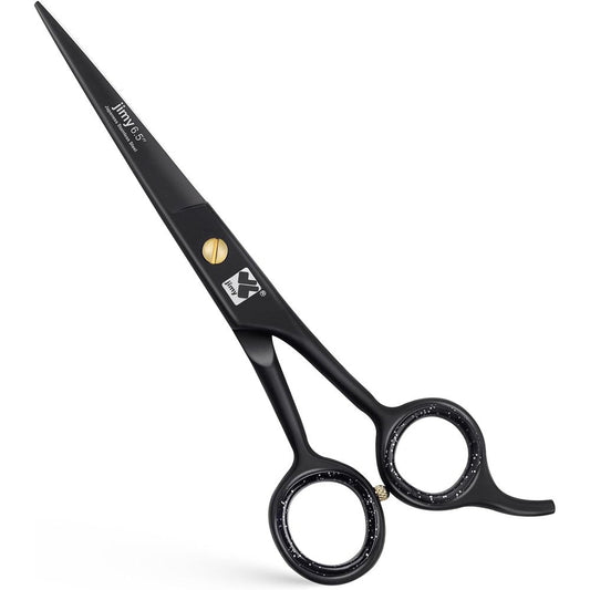 Jimy professional hair cutting shears front view showcasing matte black finish