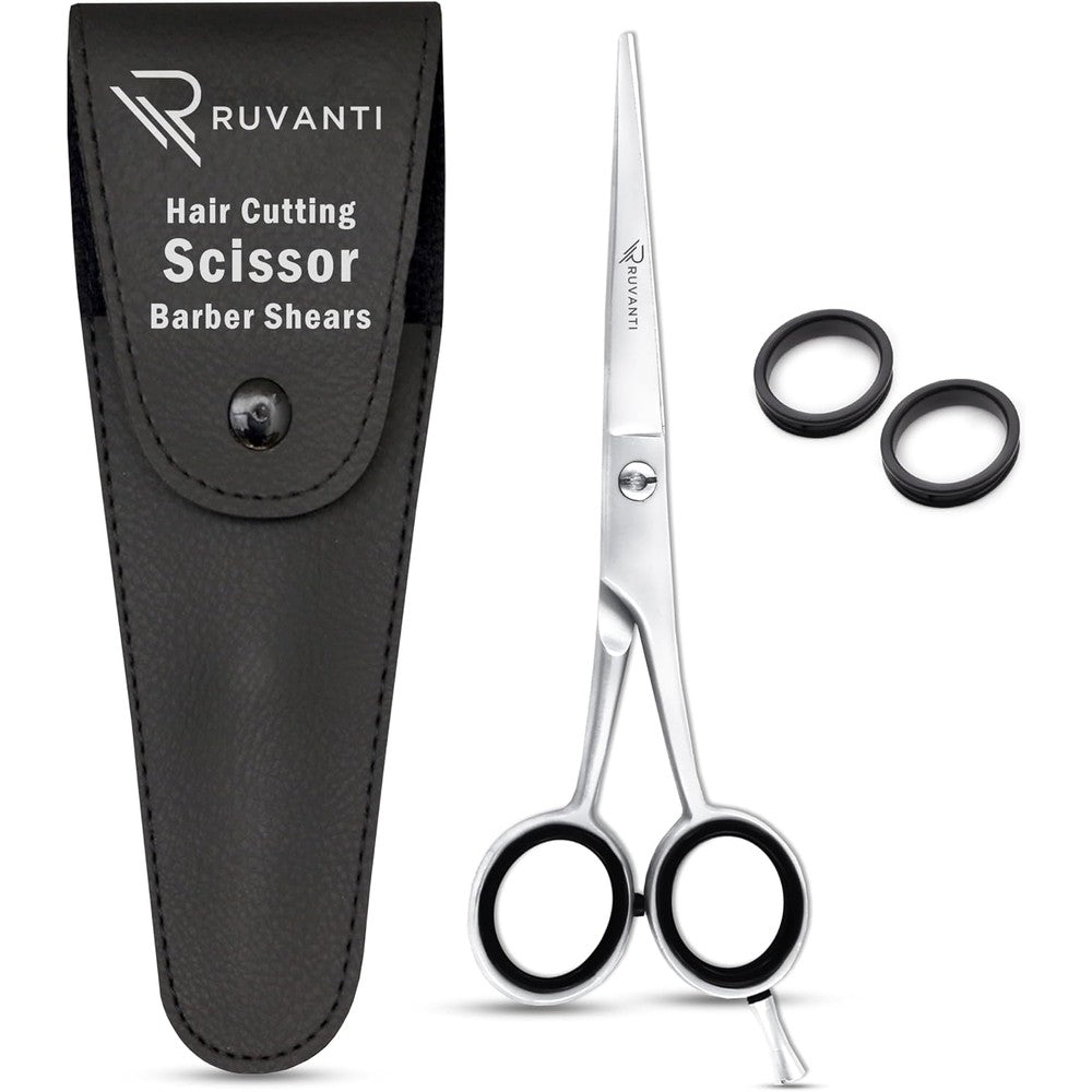 Ruvanti Professional Hair Cutting Scissors front view showing sharp J2 stainless steel blades.