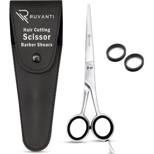 Ruvanti Professional Hair Cutting Scissors front view showing sharp J2 stainless steel blades.