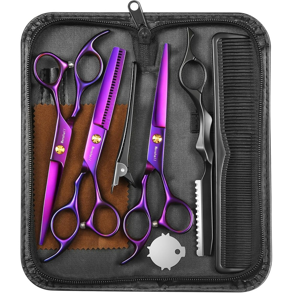 Wenshall professional hair cutting scissors set front view featuring premium black and purple titanium coated shears in a leather case.