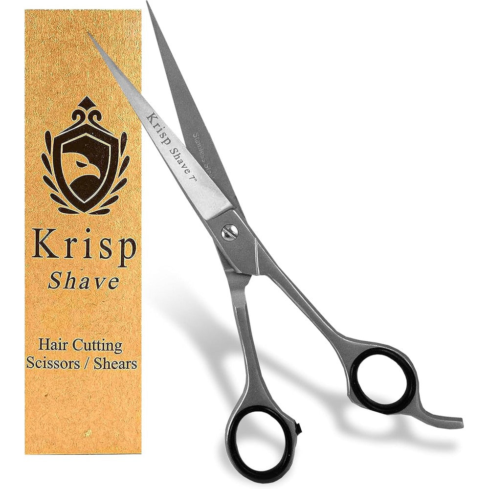 Krisp Shave professional hair cutting scissors front view showcasing the 7 inch Japanese stainless steel blades.