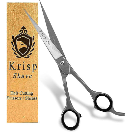 Krisp Shave professional hair cutting scissors front view showcasing the 7 inch Japanese stainless steel blades.