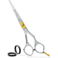 Suvorna hair cutting scissors front view showcasing the 6.5 inch stainless steel blades and gold tension screw.