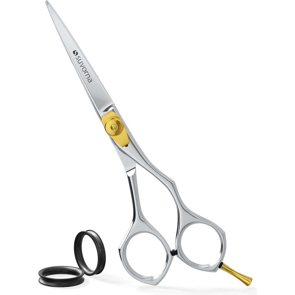 Suvorna hair cutting scissors front view showcasing the 6.5 inch stainless steel blades and gold tension screw.