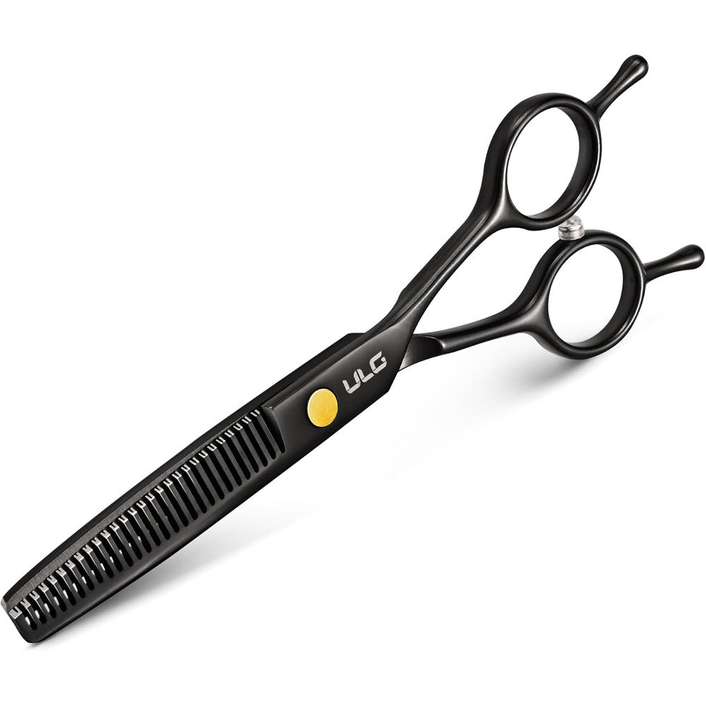 ULG professional hair thinning shears front view showing black texturizing blades
