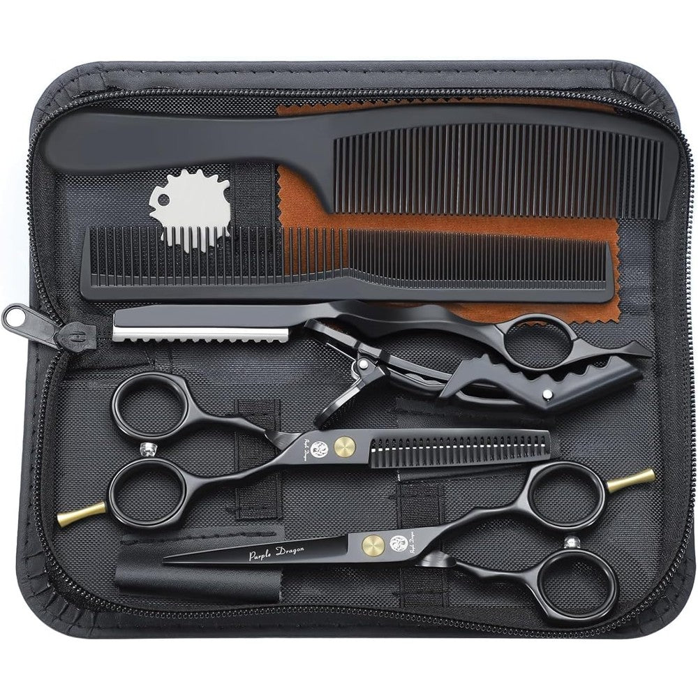 Purple Dragon professional hair cutting scissors set front view featuring black shears and leather case