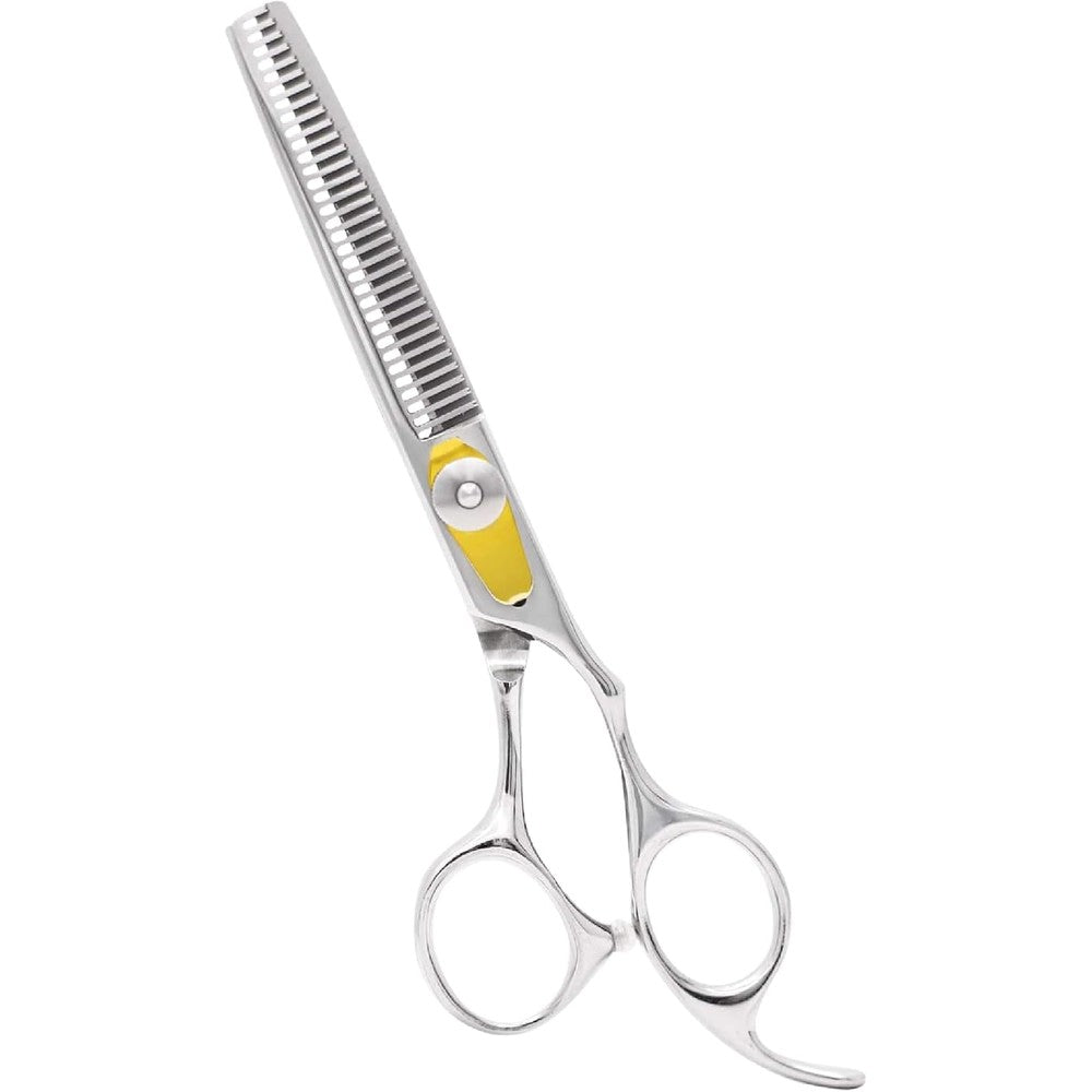 Equinox International professional hair thinning scissors front view showing gold tension screw