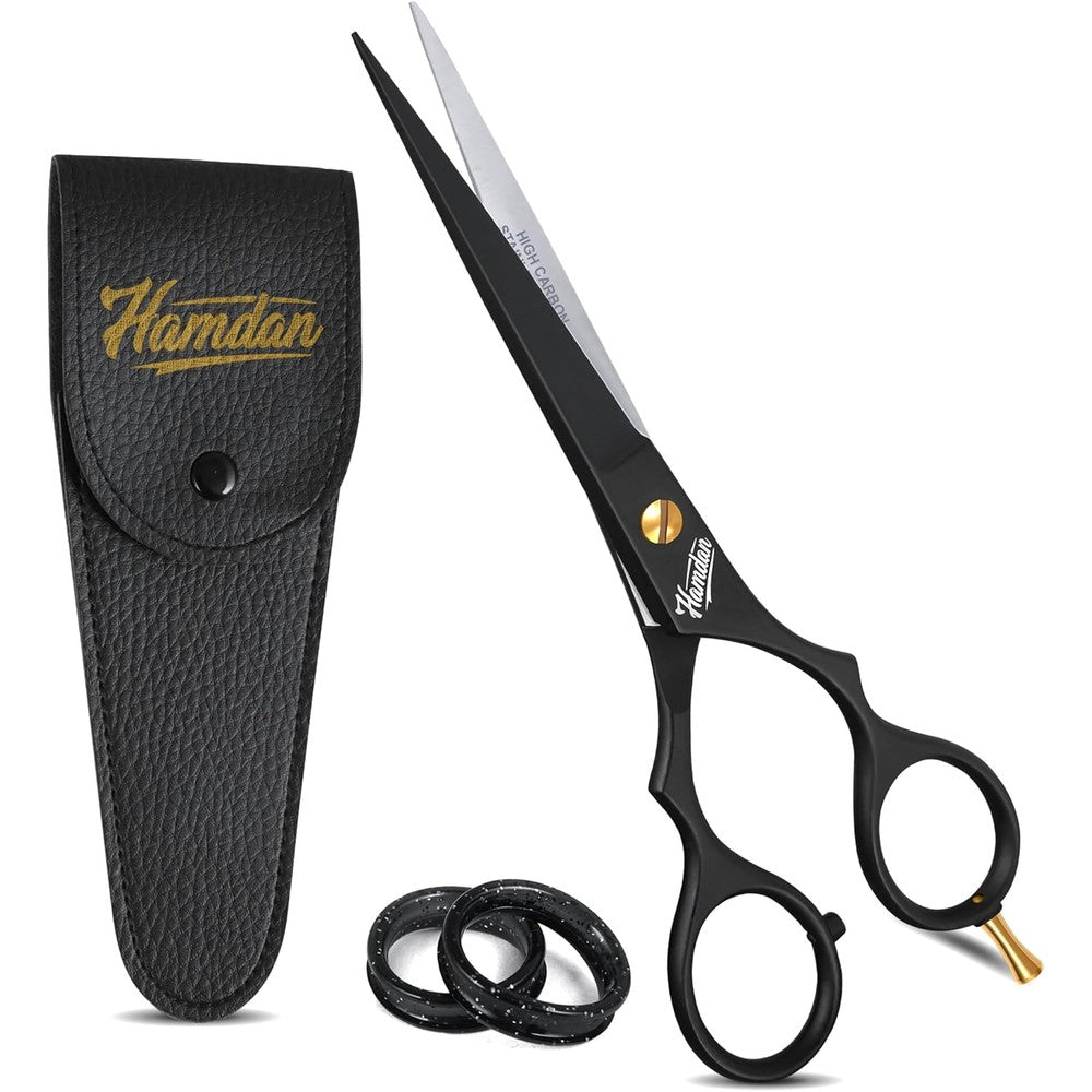 Los Pepes Hamdan hair cutting scissors front view with matte black finish and gold tension screw