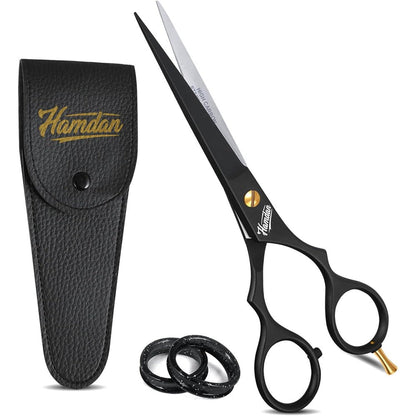 Los Pepes Hamdan hair cutting scissors front view with matte black finish and gold tension screw