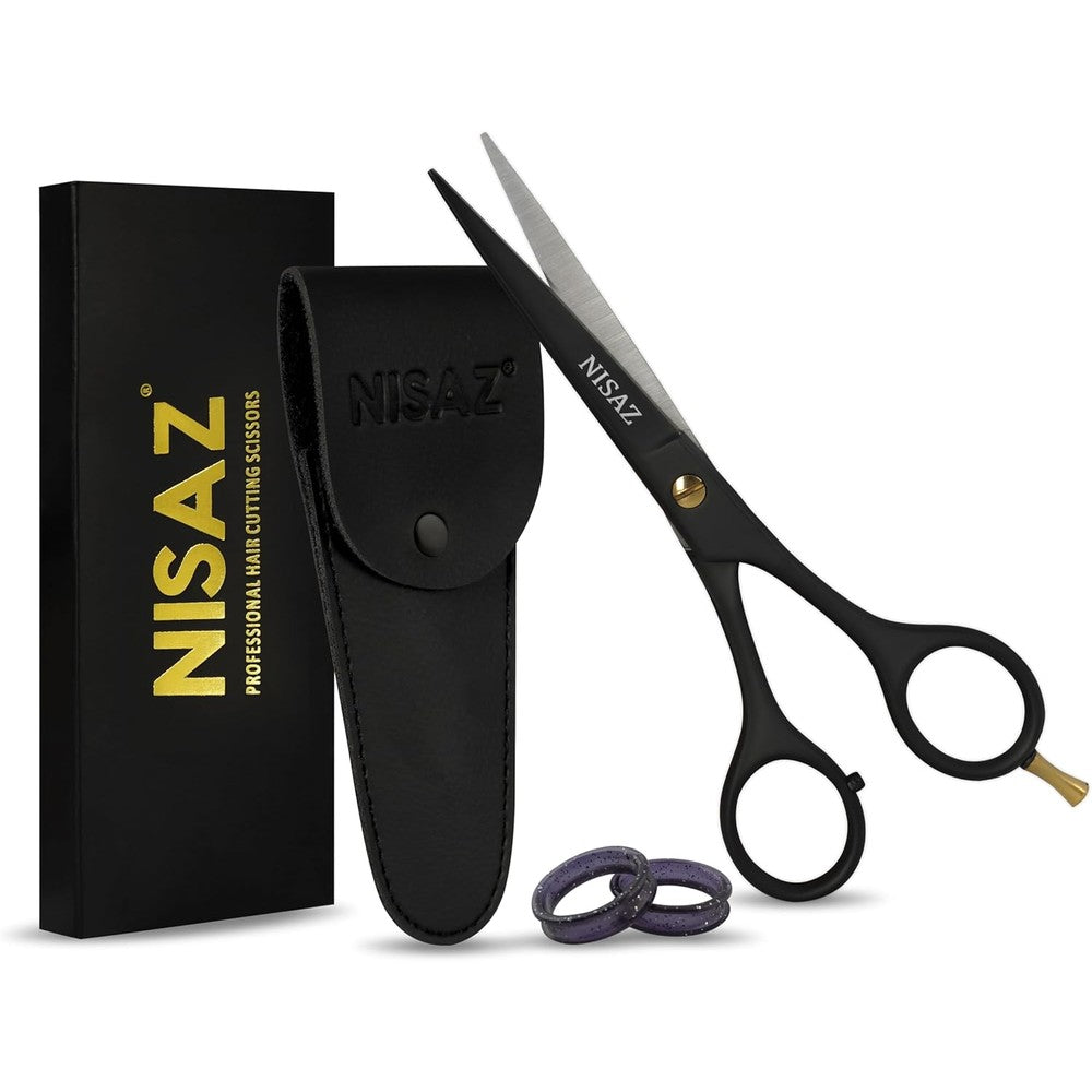NISAZ professional black hair cutting scissors front view with premium leather storage pouch.