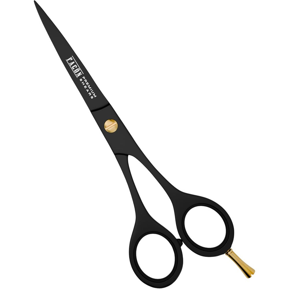 FacÃ³n Professional Razor Edge Barber Hair Cutting Scissors front view highlighting the matte black finish.