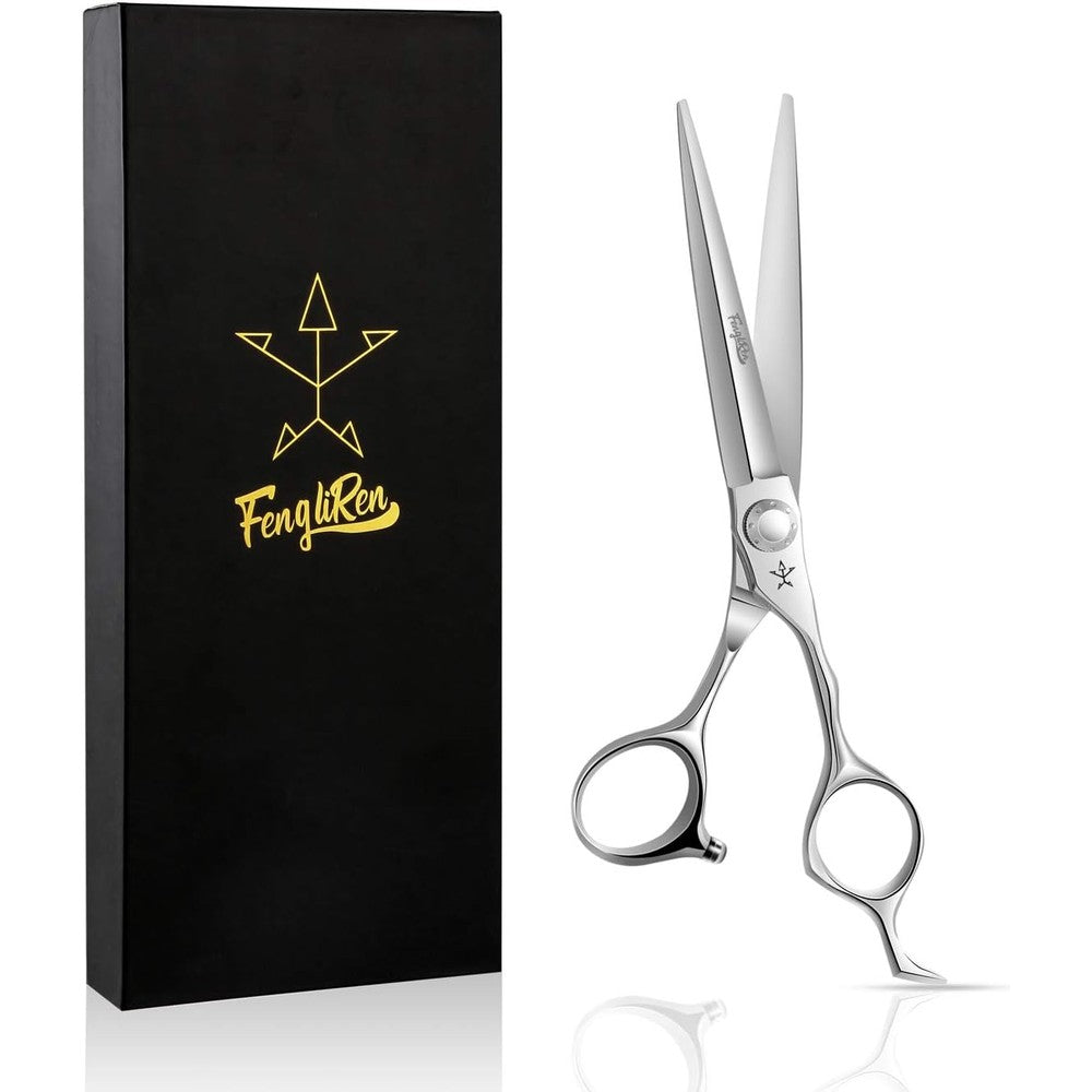 Fengliren professional hair cutting scissors front view showcasing ultra sharp polished stainless steel blades.