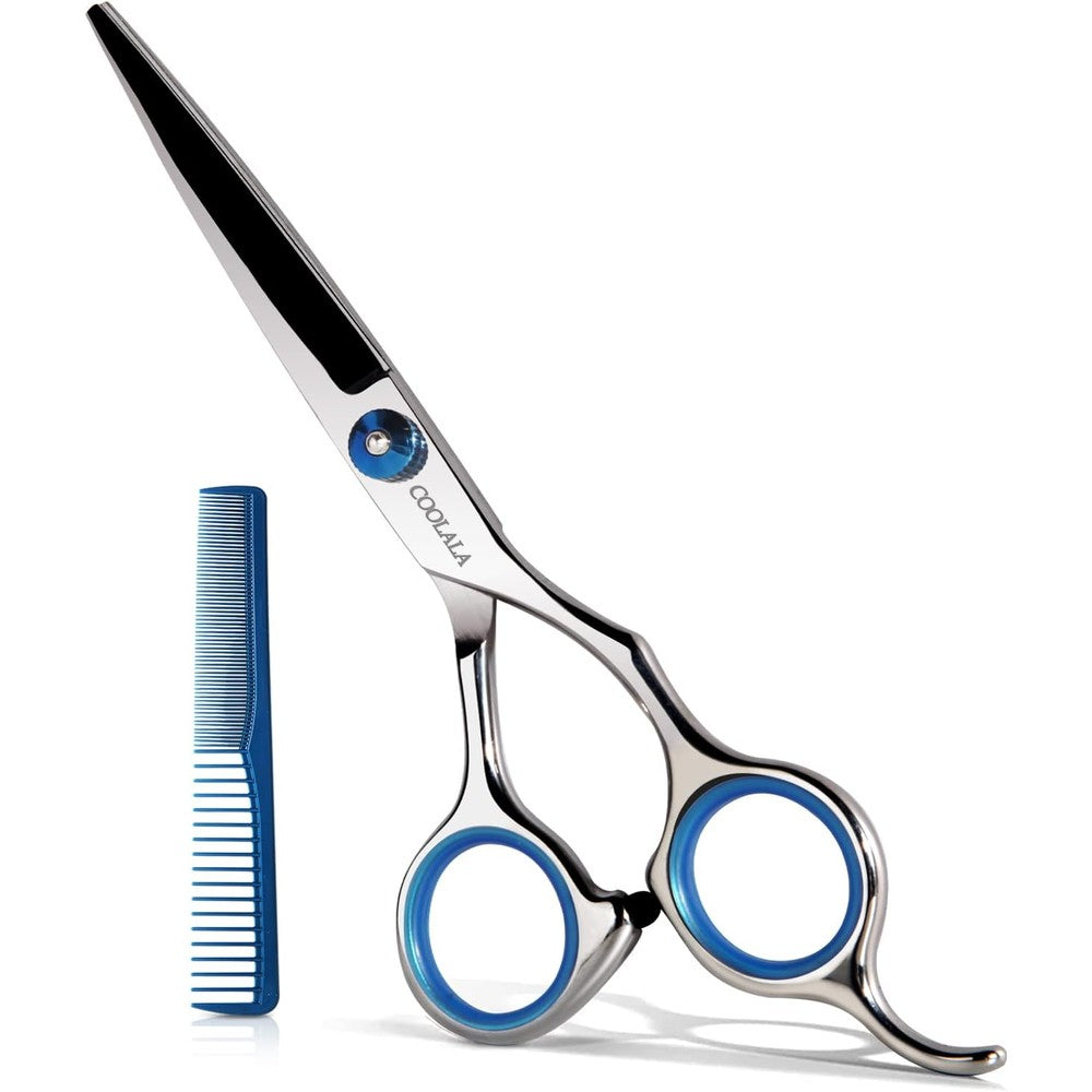 Coolala stainless steel hair cutting scissors front view with premium blue comb set.