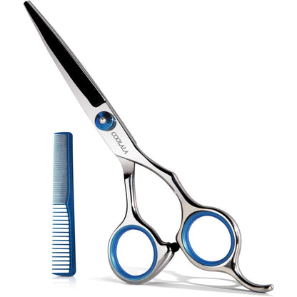 Coolala stainless steel hair cutting scissors front view with premium blue comb set.