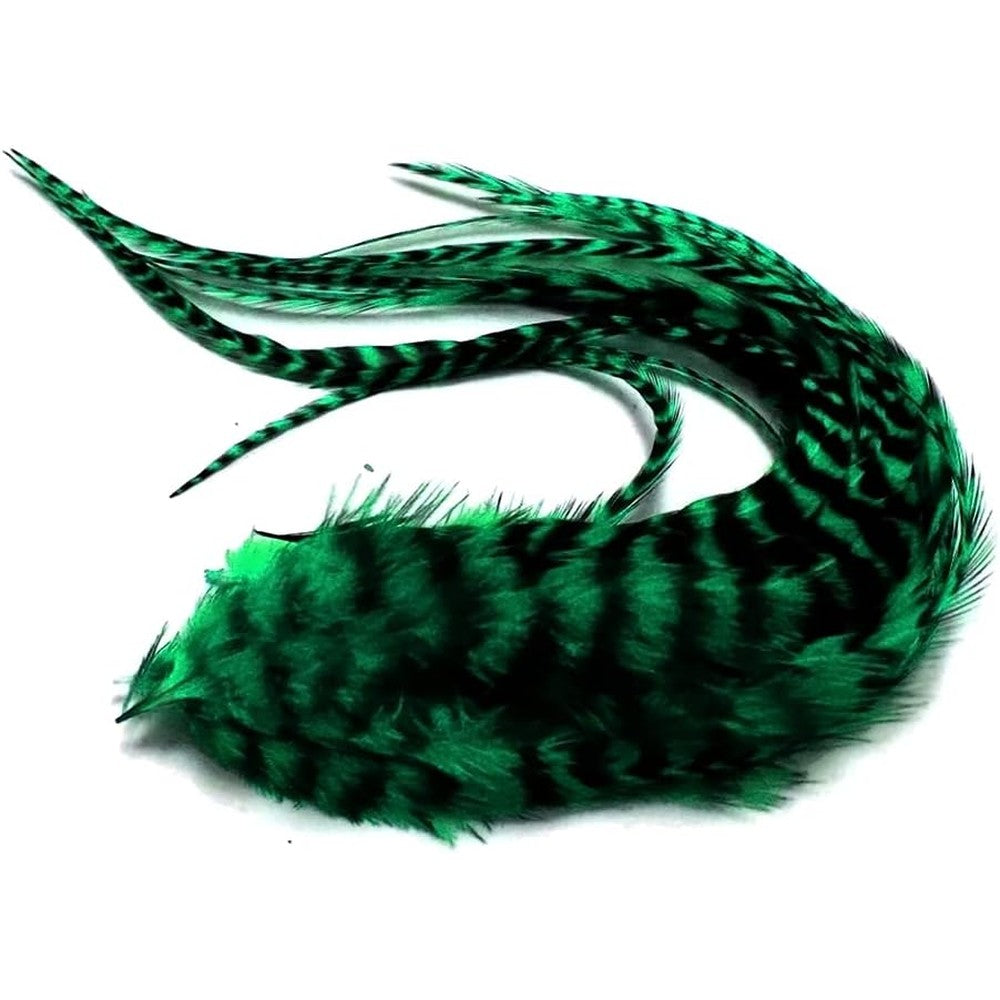A168 Moonlight Feather Peacock Green Grizzly Rooster Hair Extension Feathers front view