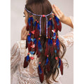 Campsis boho feather hair extension front view with blue butterfly