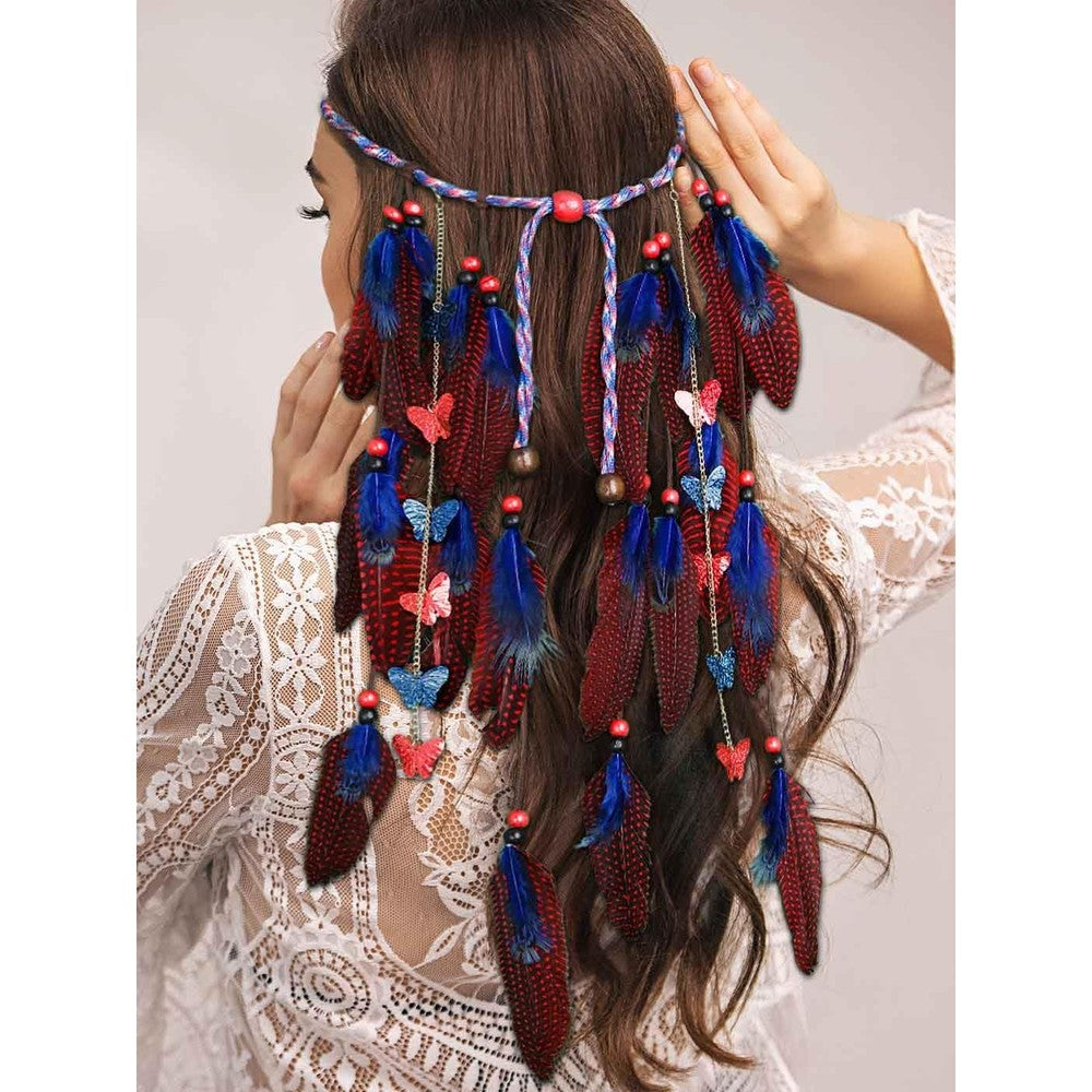 Campsis boho feather hair extension front view with blue butterfly