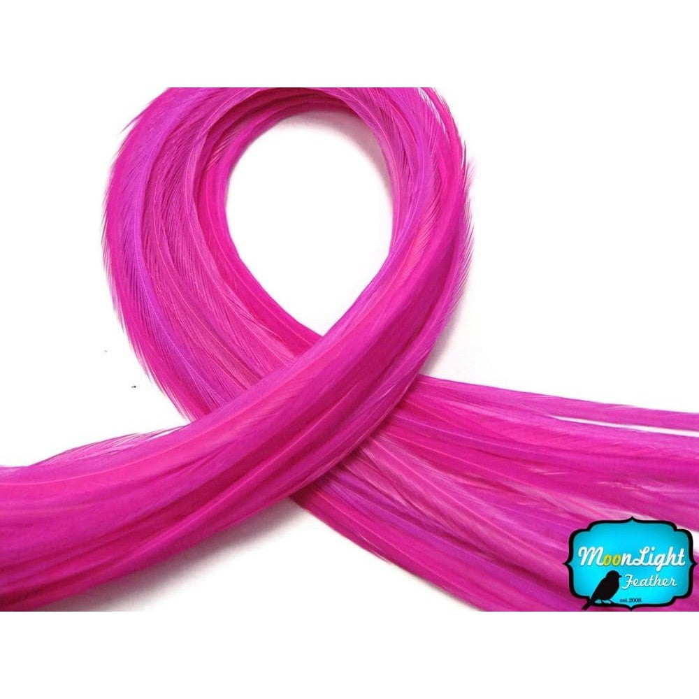 Moonlight Feather hot pink rooster hair extensions front view