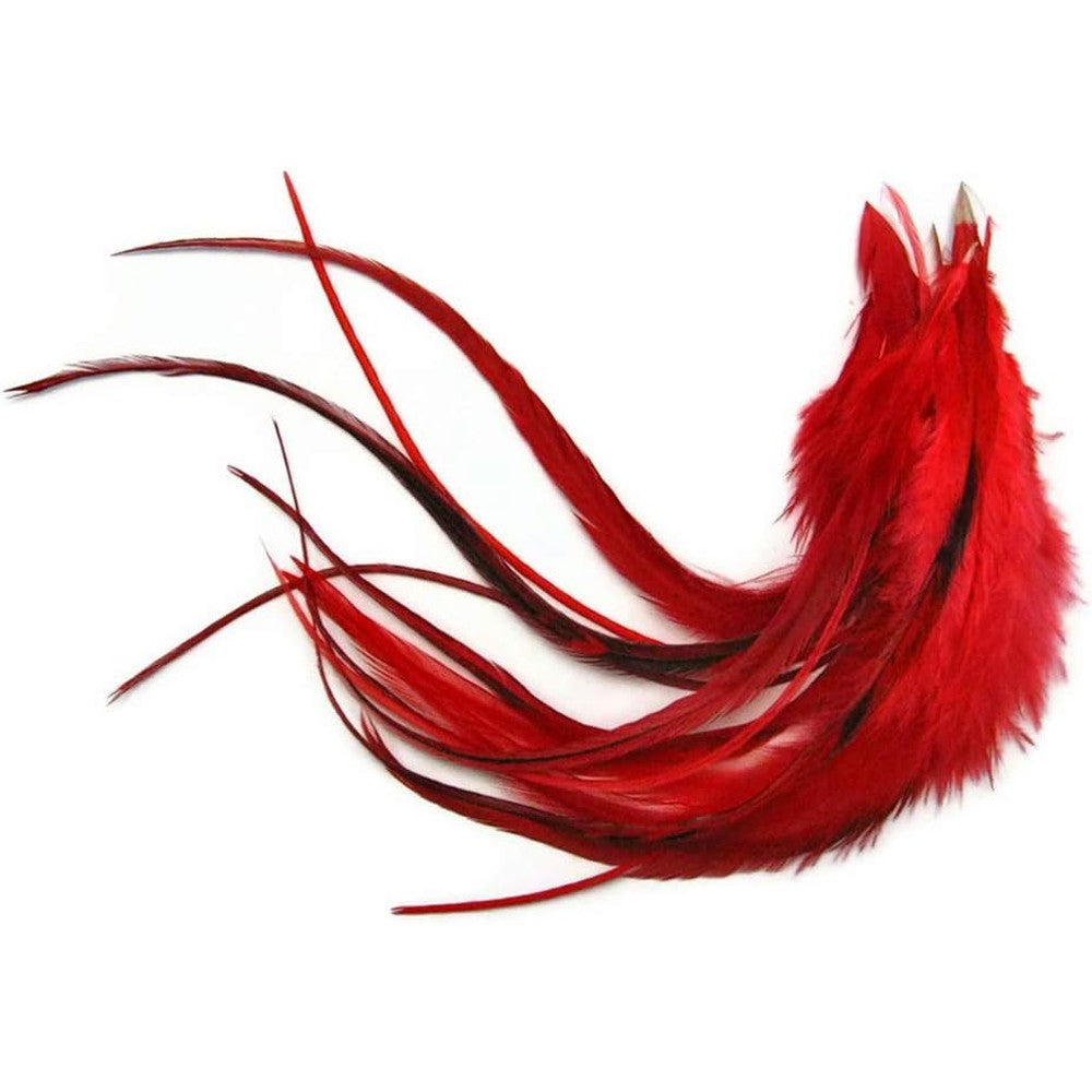 Moonlight Feather solid red rooster hackle hair extensions front view