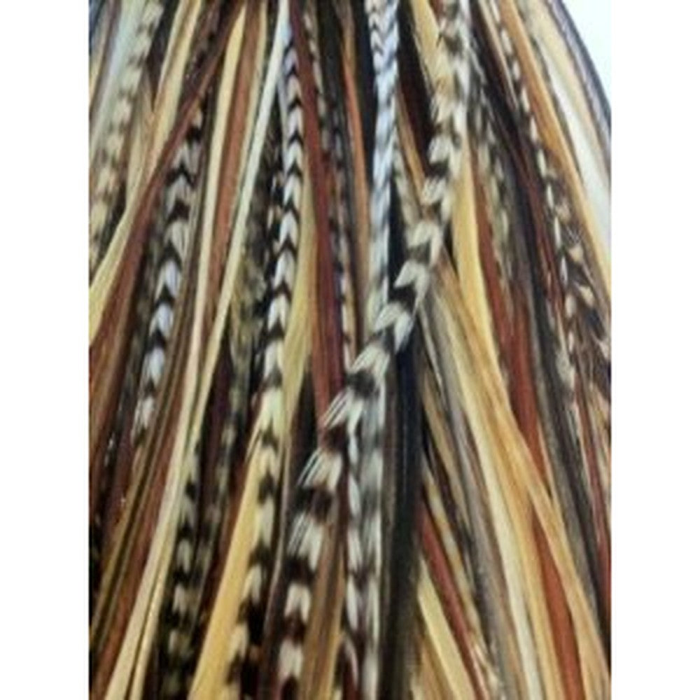 Sexy Sparkles feather hair extension front view showing dark brown black and beige mix