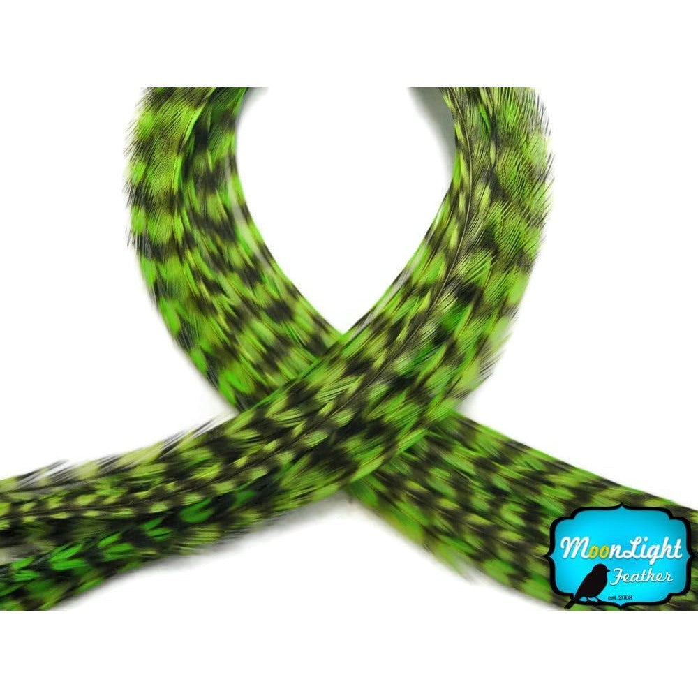 Moonlight Feather lime green grizzly rooster hair extension front view
