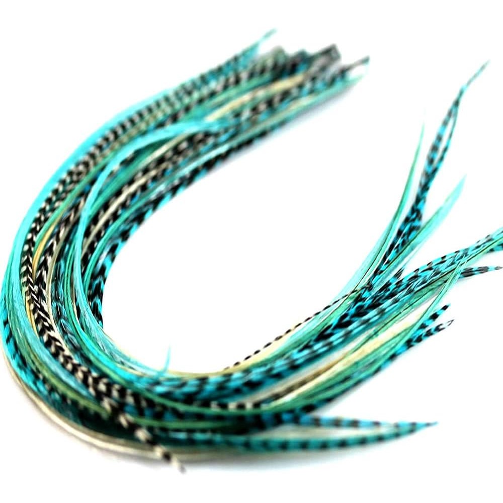 Sexy Sparkles feather hair extension turquoise and grizzly front view