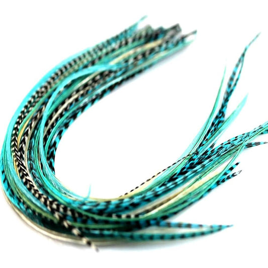 Sexy Sparkles feather hair extension turquoise and grizzly front view