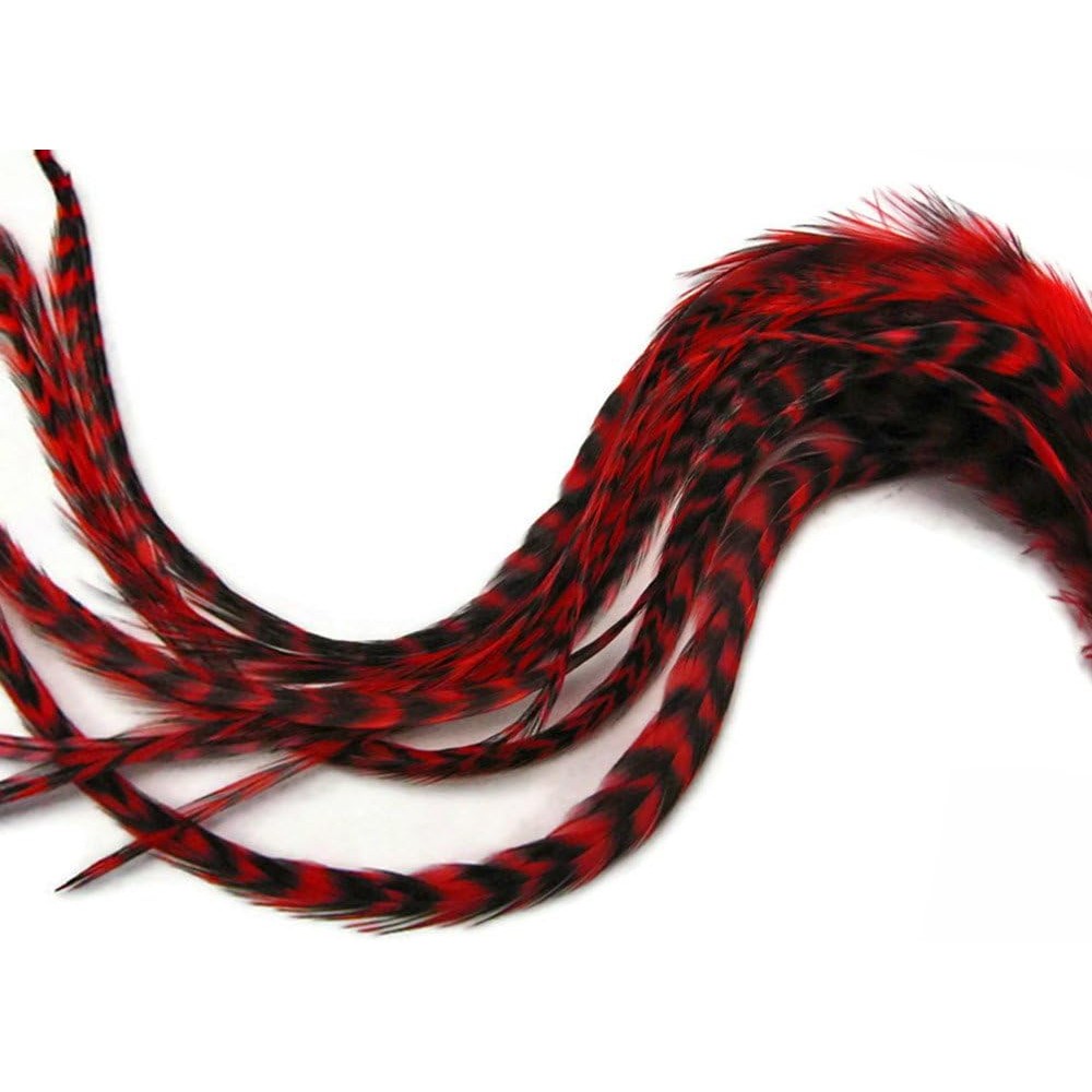 Q142 Moonlight Feather red grizzly rooster hair extensions set