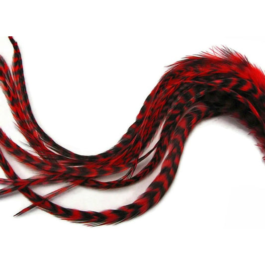 Q142 Moonlight Feather red grizzly rooster hair extensions set