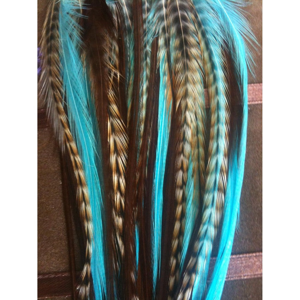Sexy Sparkles turquoise and grizzly feather hair extension bundle front view