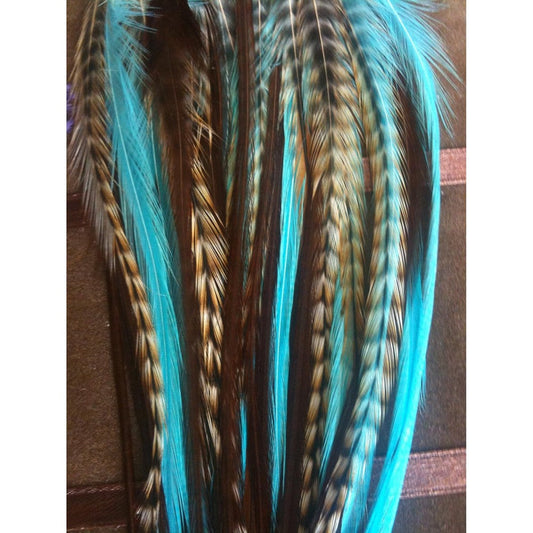 Sexy Sparkles turquoise and grizzly feather hair extension bundle front view