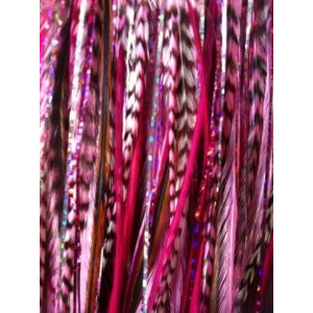 Sexy Sparkles pink feather hair extensions with glitter strands front view