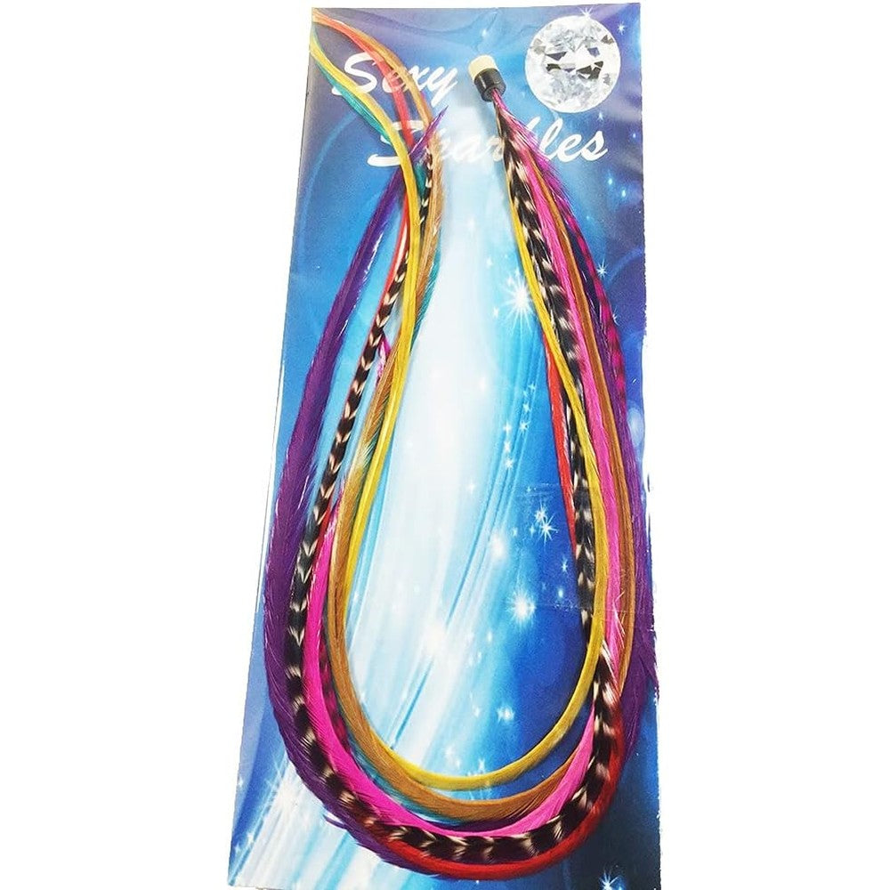 Sexy Sparkles rainbow rooster feather hair extension bonded tip front view