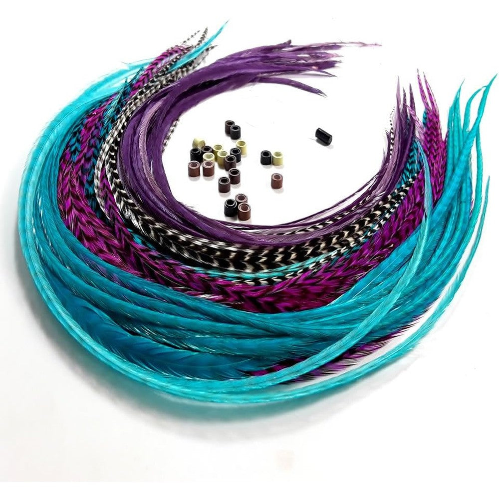 Sexy Sparkles real rooster feather hair extensions in blue and purple