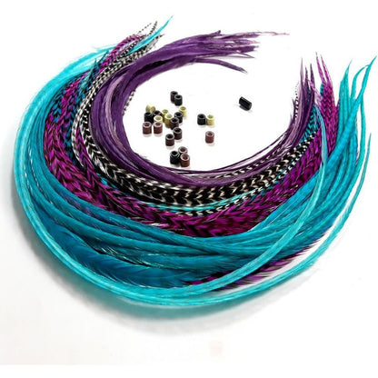 Sexy Sparkles real rooster feather hair extensions in blue and purple