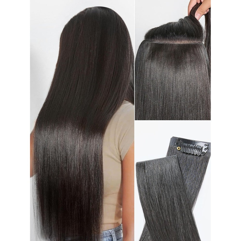 LUVME Invisible Yaki Straight Clip In Hair Extensions front view showcasing natural black texture.