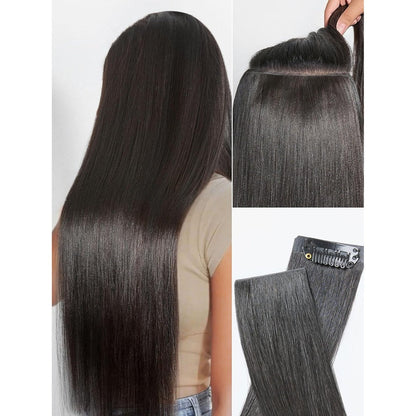 LUVME Invisible Yaki Straight Clip In Hair Extensions front view showcasing natural black texture.