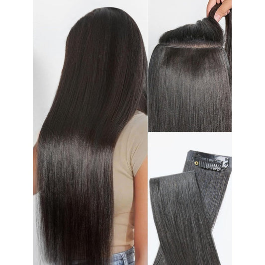 LUVME Invisible Yaki Straight Clip In Hair Extensions front view showcasing natural black texture.