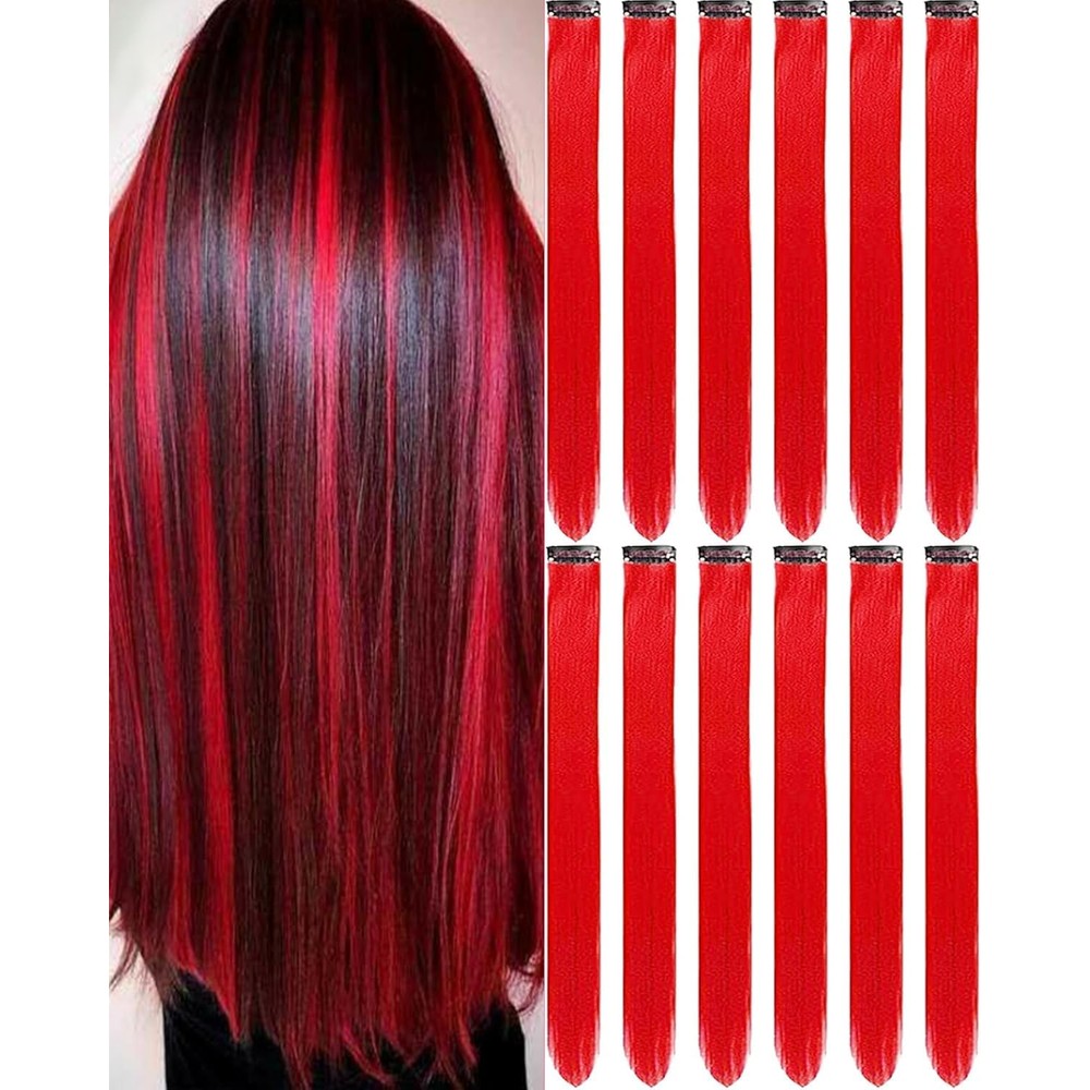 Olldag 12 pieces red hair extensions clip in front view showing long straight synthetic hairpieces