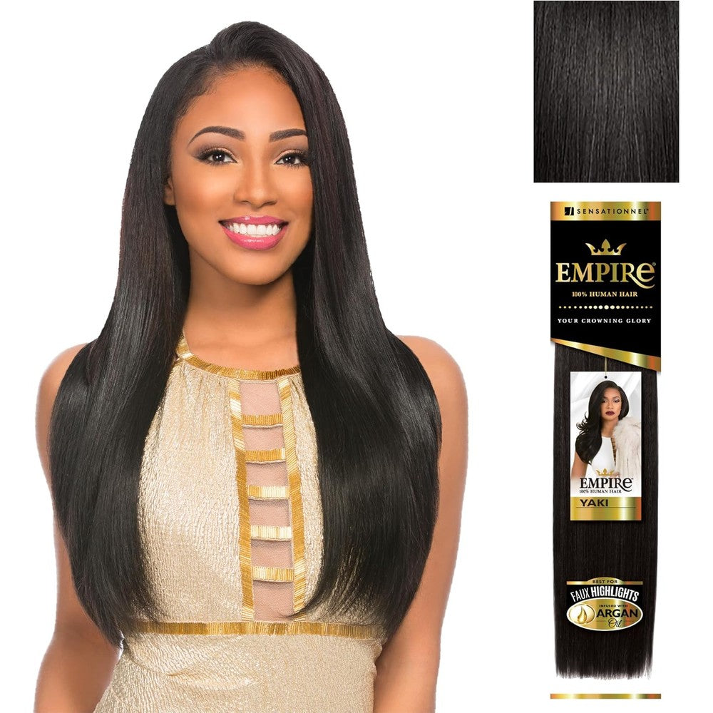 Sensationnel Empire Yaki human hair extension front package view showing off-black color
