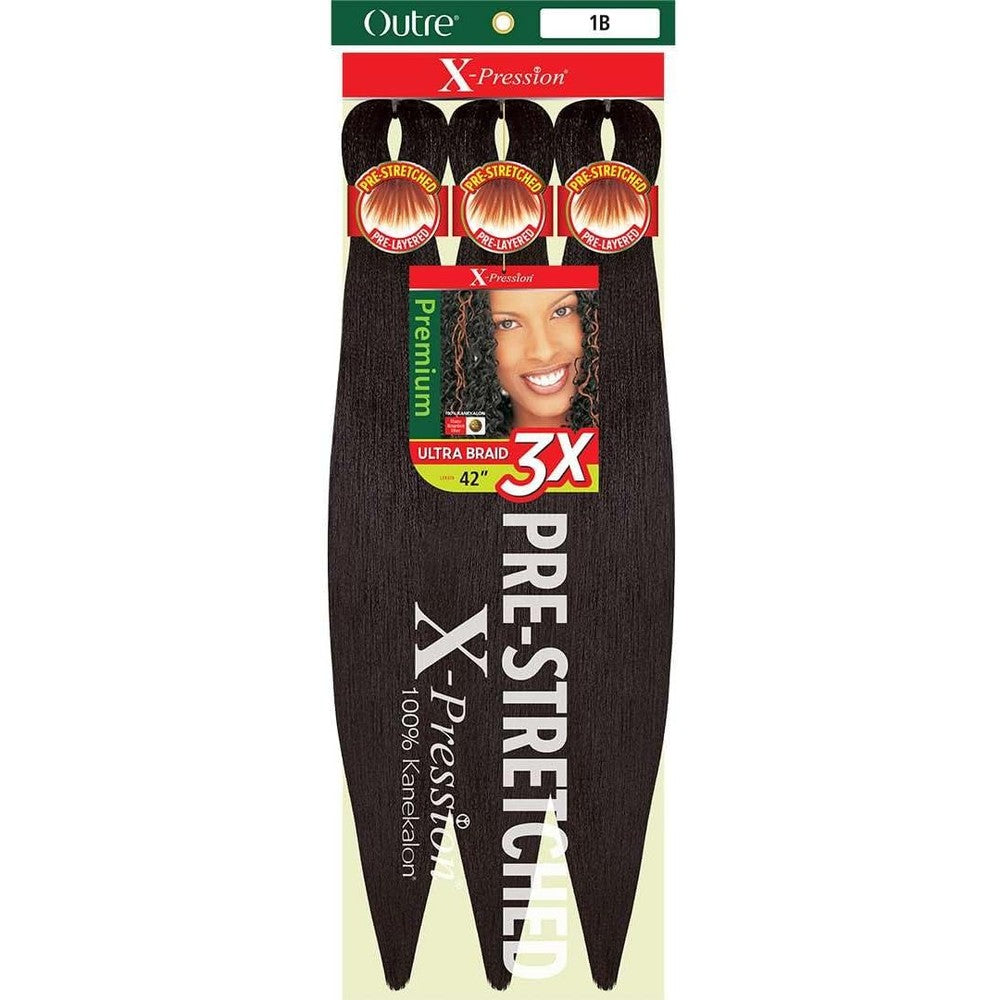 Outre X-Pression Braid Pre Stretched 42 Inch 3X Pack front view showing synthetic braiding hair packaging