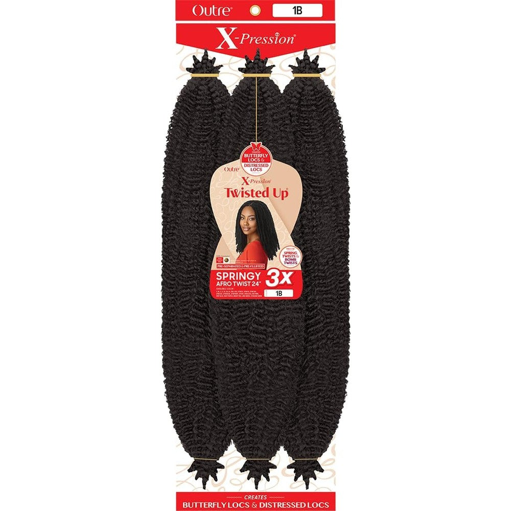 X-Pression Outre Crochet Braids Twisted Up 3X Springy Afro Twist 24 Inch pack front view showing Jet Black 1B texture