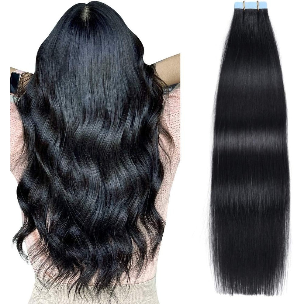 SUYYA Tape In Hair Extensions Jet Black front view packaging showing straight texture