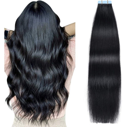 SUYYA Tape In Hair Extensions Jet Black front view packaging showing straight texture