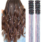 D-DIVINE Hair Tinsel Pack front view showcasing twelve colorful glitter clip-in extensions.
